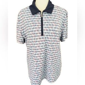 Coral Bay Golf zip front polo top with golf cart pattern, size PL